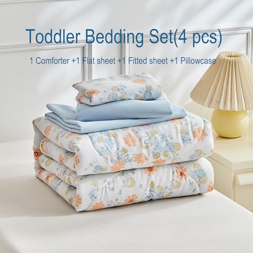 Image of JHXHMX 4 Pieces Toddler Bedding Set,Orange Floral Toddler Comforter Sets for Girls,Soft Crib Bed Sheets Set Includes Quilted Comforter,Fitted Sheet,Flat Top Sheet and Envelope Pillowcase