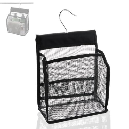 Neerow Hanging Mesh Shower Bag with Hooks, Mesh Shower Caddy Portable Shower Organizer, Hanging Peg Bag Quick Dry, Reusable Clothes Pegs Bag for Dorm, Gym, Travel, Swimming(Black)
