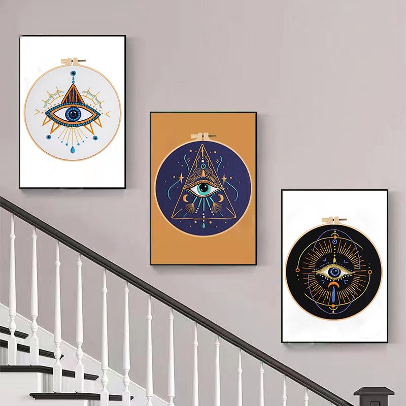 Image of Konrisa 3 Pcs Embroidery Kits with Tarot Cards and Eyes Pattern, Stamped Embroidery Starter Kit for Beginners Adults Needlepoint Kits DIY Sewing Cross Stitch Practice Kit Home Decoration