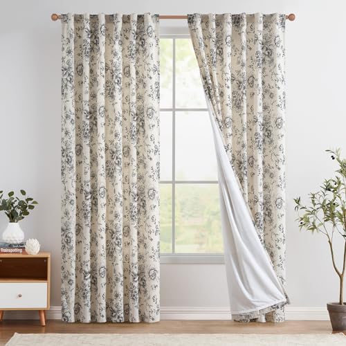 jinchan Lined Linen Blend Curtain Floral Curtains for Living Room