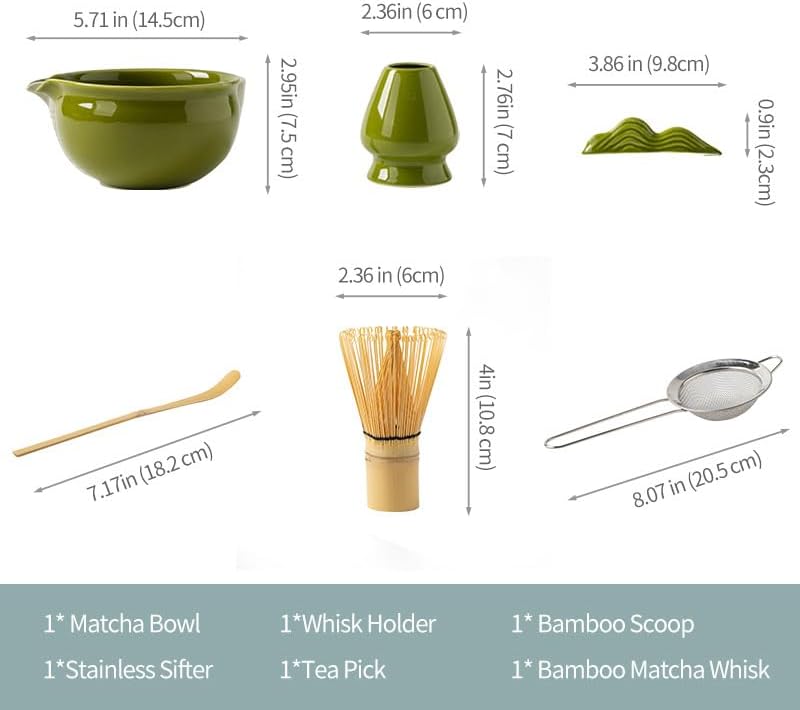 Matcha Green Japanese Matcha Tea Set of 7 Ceremony Matcha Kit with Matcha Bowl(Chawan)with Pouring Spout,Matcha Whisk (Chasen),Scoop (Chashaku),Ceramic Whisk Holder,Scoop Stand,Sifter,Tea Napkin AM010