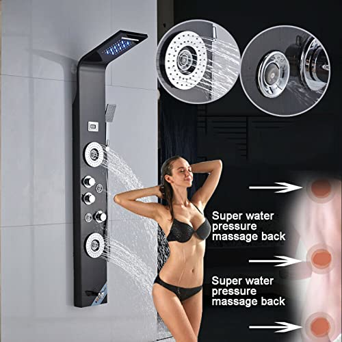 Columna de Ducha de Acero Inoxidable con Panel LED, Sistema de Lluvia y Cascada, 6 Funciones, Chorros Corporales y Masaje miniatura 6