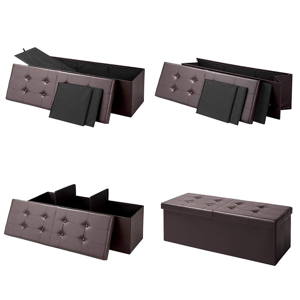BAKAJI Baúl otomano, contenedor, reposapiés, para Dormitorio, Banco, Taburete, Estructura Plegable, Revestimiento de Piel sintética, Asiento extraíble Acolchado, tamaño 38 x 115 cm (marrón)