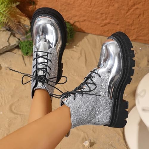 Generisch Damen Stiefeletten Plateau Schnürstiefel Disco Pailletten Chunky Boots Vintage Party Stiefeletten mit Runder Kappe & Stabler Sohle, Alltag Herbst Winter Gothic Boots Karneval Kostüm