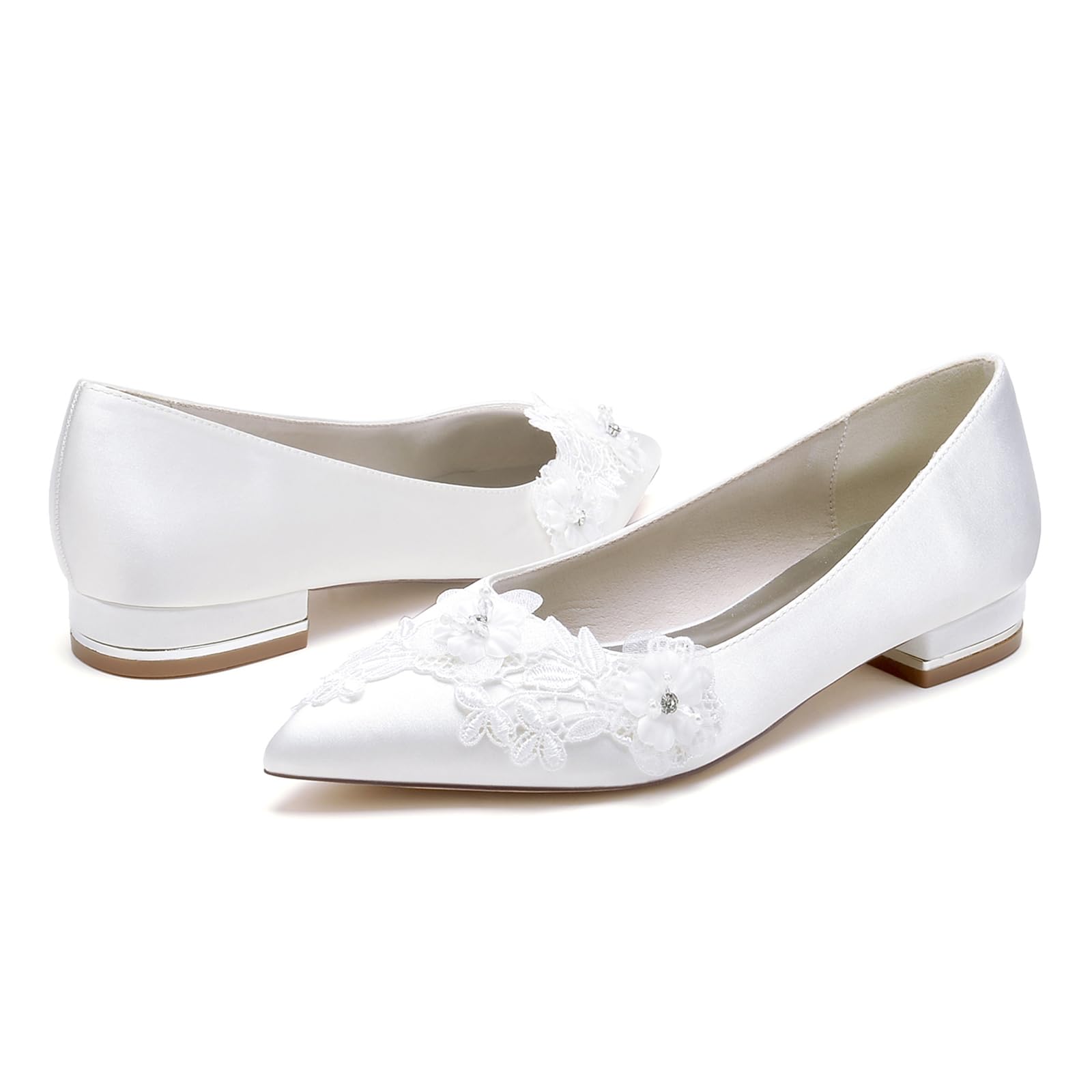 Damen Flache Brautschuhe Satin Slip on Ballerinas Spitze Zehen Spitzen Blume Brautjungfer Hochzeitsschuhe