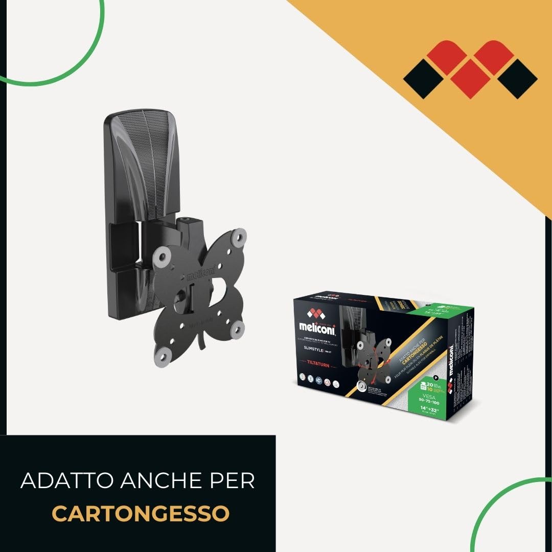 Slimstyle Plus 100 ST Meliconi TV Wall Mount Also Suitable for Plasterboard with Tilt and Turn for TVs from 14 Inch to 32 Inch Vesa 50-75-100 Made in Italy - Image 2