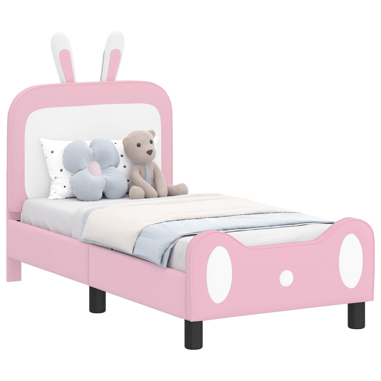 Kinderbettgestell mit Kopfteil in Rosa 70 x 140 cm aus Holzwerkstoff für Kinderzimmer, stabiles Bett mit Lattenrahmen, einfache Montage, langlebige Basis für sicheren Schlaf