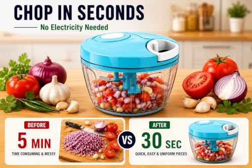Image of ‎Manual Vegetable Chopper 500ml with 3 Stainless Steel Blades, Kitchen Dori Handy Mini Compact Chopper, Pull Cord Food Chopper for Onion, Tomato, Garlic & Veggies | BPA Free, Easy to Clean