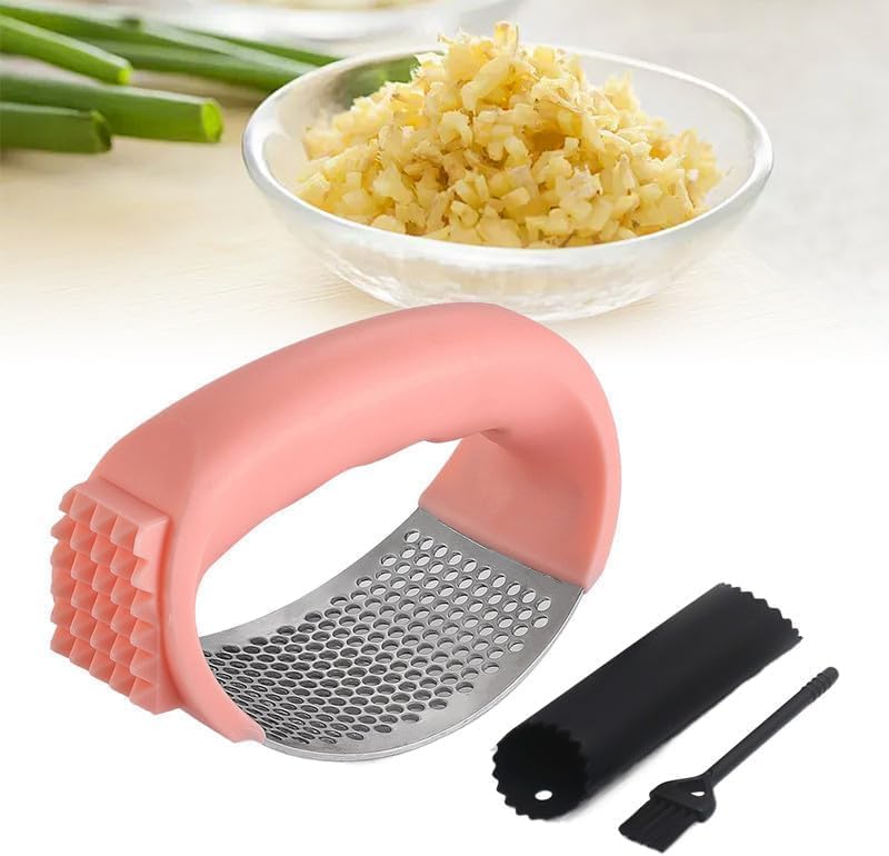 2026 New Upgraded Garlic Press Rocker, Stainless Steel Garlic Press, Garlic Crusher with Peeler and Cleaning Brush, Garlic Chopper for Crush Garlic Kitchen Gadgets, Kitchen Tools (Pink)
