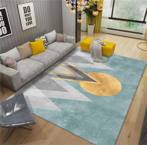 Tapis salon bleu 180x250cm durable au motif géométrique jaune - 2