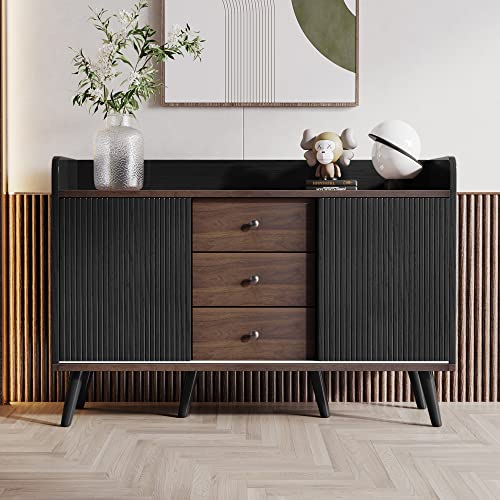 Kehun Sideboard Schwarz für Wohnzimmer und Esszimmer, Kommode Schrank Buffetschrank 117.5x40x80 cm mit 2 Türen und 3 Stauraum Schubladen, Schwarz