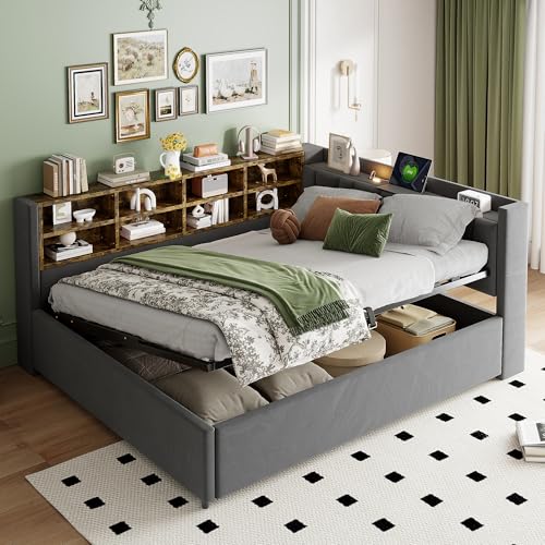 Polsterbett Schlafsofa 140x200, Doppelbett mit Staufach&Nachtlicht&Ladestation, Tagesbett mit Hydraulischem Stauraum & Lattenrost, Funktionsbett Stauraumbett Gästebett Jugendbett, Ohne Matratze, Grau