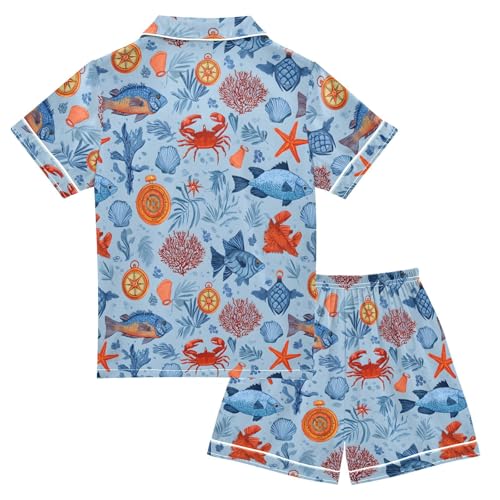 Blue Ocean Animal Pattern Pajamas Sets Short Sleeve Silk Stain Pjs Button Down Sleepwear for 5-14Y2