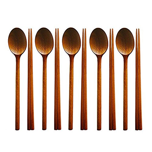 Famhome - Cuchara de madera natural con mango largo para café o miel, cuchara de postre, cuchara de madera Chopsticks Spoon-5 Set