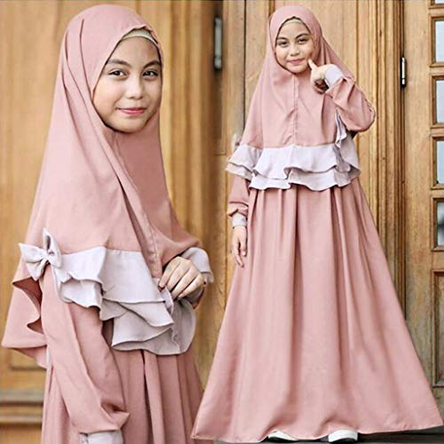 Girls Full Cover Hijab Abayas Dubai Kaftan Prayer Muslim Dress Long Sleeve Ruffles 𝗥obe Ramadan Clothing for Kid2