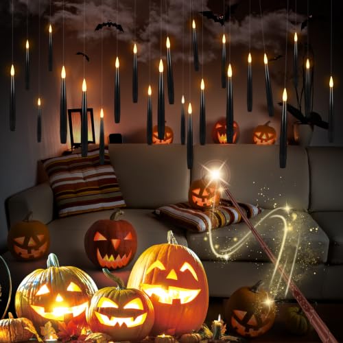 Image of Floating Candles with Magic Wand Remote, 36 PCS Black LED Taper Candles with 2 Wands, Flickering Warm Light Flameless Hanging Candles for Halloween Christmas Party Decor Indoor Outdoor