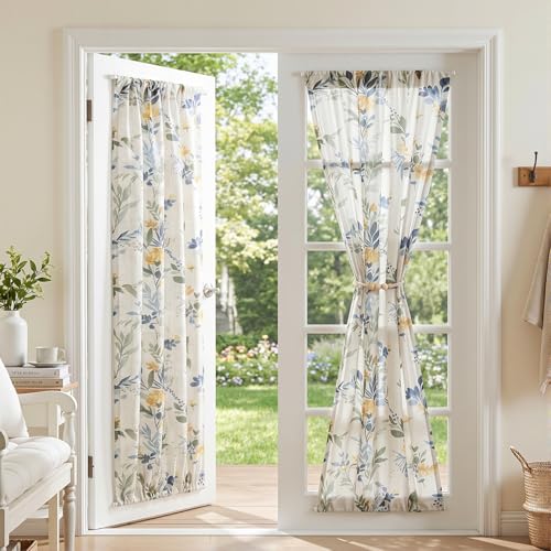 Image of MYSKY HOME Floral Linen Door Curtains Blue Farmhouse Semi Sheer 2 Panels