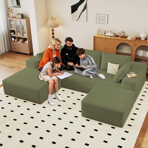 Image of 96 inch Boneless Cloud Sectional Couch Modular Sofa with Ottoman | Modern U-Shaped Couches, Comfy Corduroy Memory Foam Sofas with Oversized Chaise for Living Room (Green,Left-Facing Chaise)