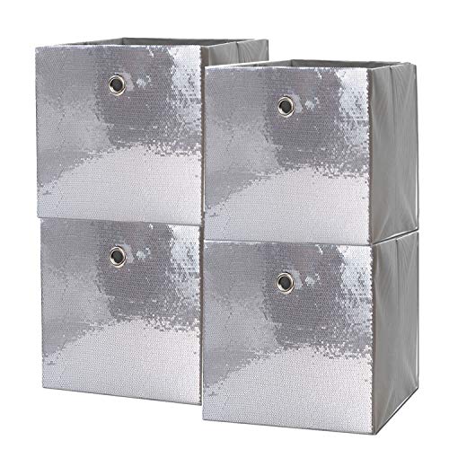 Velvet And Sequins Foldable Storage Bins Combination, Decorative Square Storage Box, Collapsible Storage Unit, Storage Cube For Festival, Home, Nursery (11″X10.5″X10.5″,Grey/Silver) (Silver, 4) #TOP16