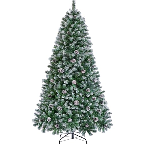 Yaheetech 228cm Árbol de Navidad Nevado Artificial 1346 Puntas con 82 Frutas de pinos Soporte Metálico Plegable para Decoración Casa Oficina Fiestas Festivas