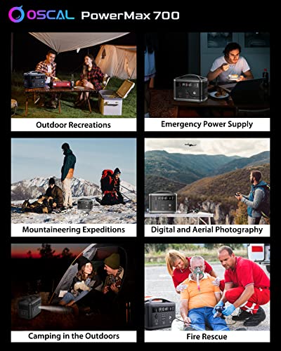 Portable Power Station 666Wh/700W (1400W Peak) OSCAL PowerMax 700 Power Multiple Devices Battery Backup Supply with AC Outlet 100W Type-C, Outdoor Solar Generator for Home Use/Camping/RVs/Off-Grid