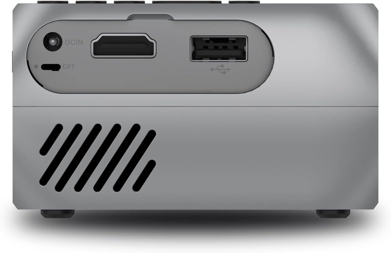 posterior view of YG320 Mini Projector showing DCIN, HDMI, and USB ports