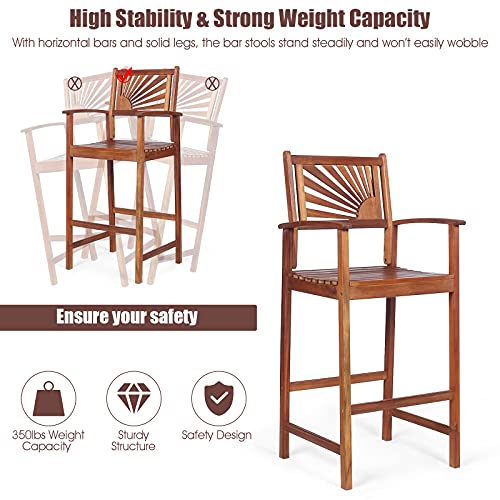 Costway Bar Stools Set Of 2, Outdoor Acacia Wood Bar Chairs With Sunflower Backrest, Curved Armrests & Breathable Seat, Ideal For Balcony, Sunroom, Patio, Easy Assembly #TOP2
