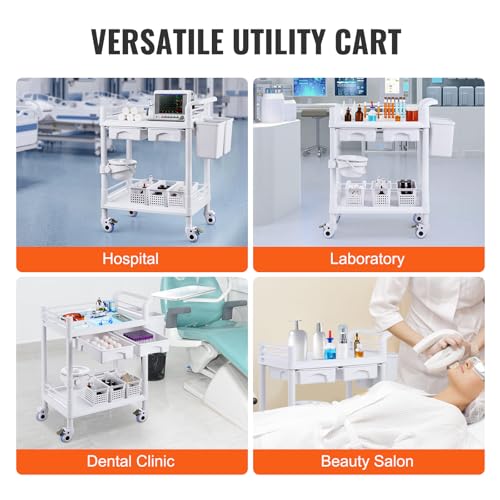image for VEVOR Medical Mobile Trolley Cart with 2 Drawers & 3 Trash Cans, 2 Tie