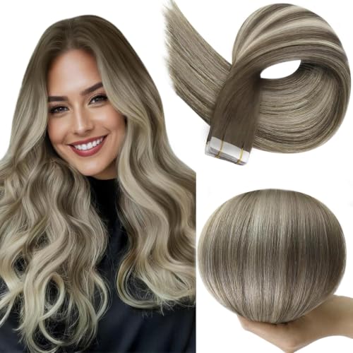 Full Shine Tape In Hair Extensions Human Hair, Cool Brown Blonde 22 Inch