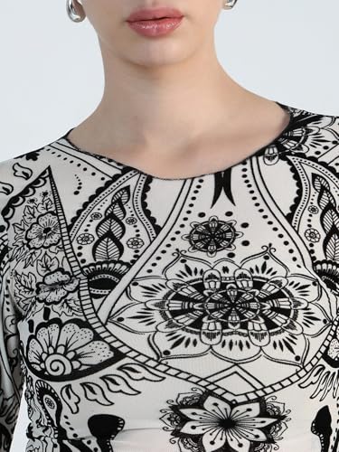 Image of ICW Women Long-Sleeves Round Neck Net Printed Transparent Mesh Sheer Crop Top T-Shirt DN38(Mix Print)
