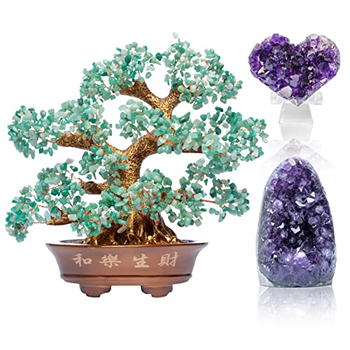 Gemboury Bundle Of Two: One Amethyst Geode Cluster Stone 0.5-0.7Lb Deep Purple Colour One Aventurine Feng Shui Tree 15" Tall Large For Home Decoration #TOP12