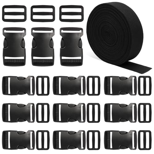Sangle en Nylon de 10 m de 30 mm avec 12 Paires de Boucles, Sangle résistante et Boucles à dégagement latéral pour Bricolage, Artisanat, Sac à Dos, cerclage, Sac, Sangle de Fixation de Bagages, Noir,