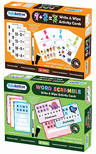 Image of (Combo of 2) PREMATH+Word Scramble Write & Wipe Reusable Activities Educational Games with Exercise Book