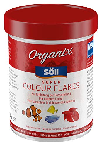 Söll Organix Super Colour Flakes, 270 ml - Hauptfutterflocken für Zierfische / reich an Proteinen und Farbpigmenten für eine natürliche Ernährung und leuchtende Farben Cover