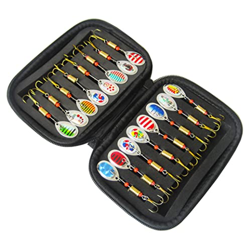 ESiiFuu Spinner Lures Metal Sequins Spinner Fishing Lures with Tackle Bag for Bass Trout Perch Pike Rotating Fishing Accessories Black 16PCS Metal Bait