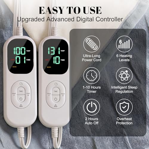 Image of IUUI Heated Blanket Electric King Dual Controller- 90x100 Inches Soft Flannel Heating Blanket,Fast Heating Blanket 6 Heating Levels & 2 Hours Auto Off ETL Certification(Ashley Blue, King 90 inch x 100 inch)