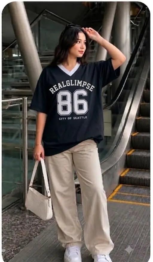 Image of Women Oversized V Neck T-Shirt | Number Graphic Printed Casual Tee | Cotton Blend Y2K Street Fashion Top