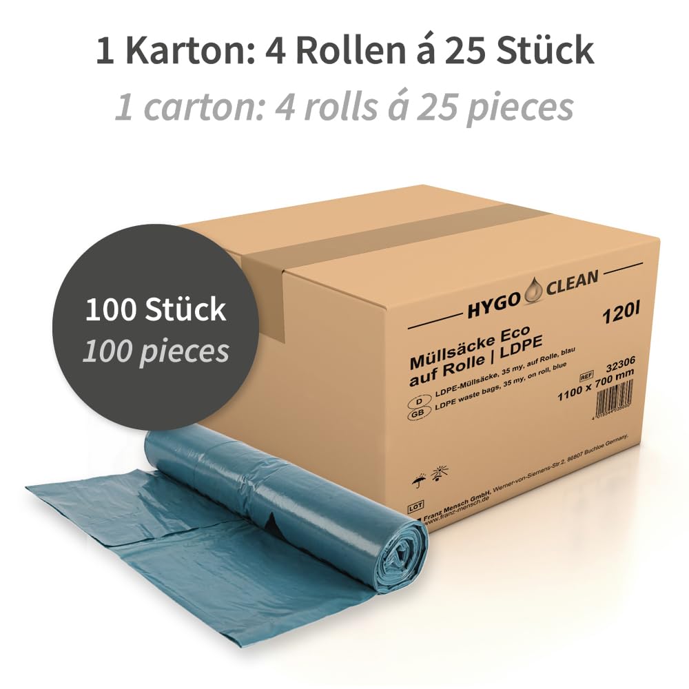 100 Stück, Müllbeutel, FRANZ MENSCH, 120 l, blau, LDPE, extra stark, robust | Auf Rolle, 110 x 70 cm, Eco, Müllsäcke, Abfallsäcke, trash bags, für Tonnen, Gewerbe, Reinigung, Gastro
