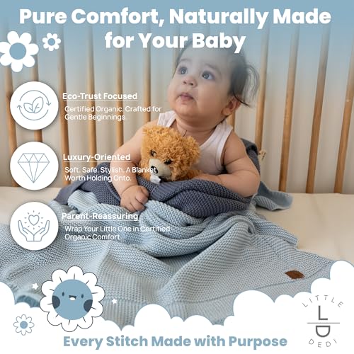 Image of Organic Cotton Baby Blanket 30x40 in, Baby Blue - GOTS Certified, Soft Knit Swaddle with Gift Box, Breathable Nursery Blanket for Crib & Stroller, Machine Washable