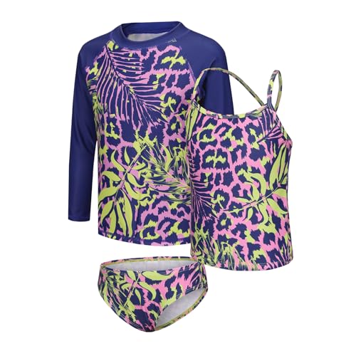 Image of Girls 3 Piece Swimsuits Set Long Sleeve Rash Guard Tankini Bathing Suits for Girls Beach Swimwear Set 3-16 Years
