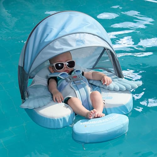 Mambobaby Float with Canopy Baby Pool Float Non Inflatable Baby Safety Float Upgraded Tail Soft Skin-Friendly Material Swim Float for Toddler Infant 3-24 Months, Angel