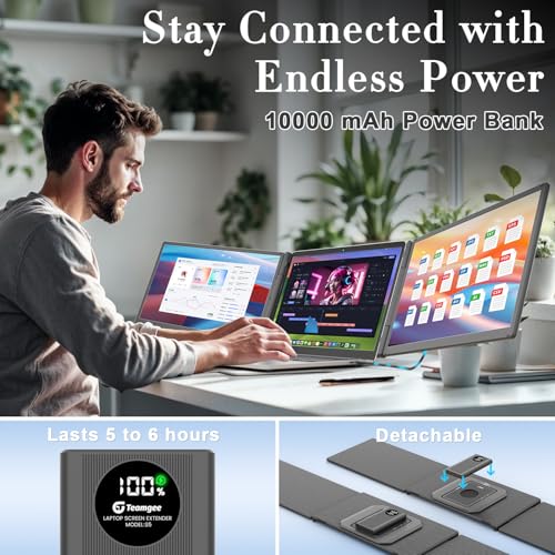 Image of Teamgee 15.6 inch Laptop Screen Extender with Power Bank, FHD 1080P IPS Triple Monitor, HDMI /USB /Hub Plug-Play Display, Fits 13-17 inch Laptops (Mac /Windows /Android), Ideal for Home Office /Small Business
