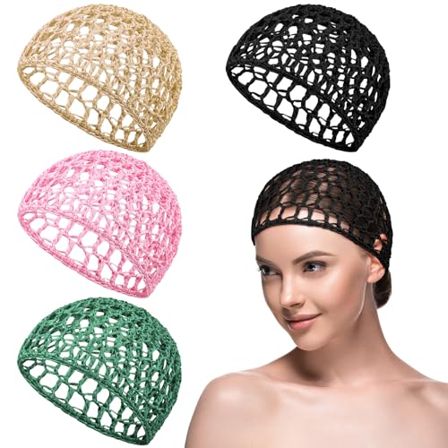 Geyoga 4 Pieces Mesh Crochet Hair Net Rayon Knit Snood Hat Thick Short Women Hairnet Snoods Cover Ornament for Sleeping(Black Green Pink Beige)