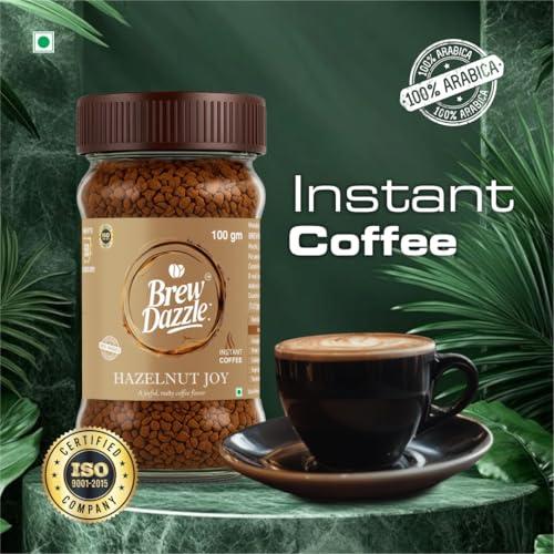 Image of BREW DAZZLE Hazelnut Joy | 100% Arabica Instant Coffee | Aromatic and Smooth Pack | Rich Aroma Hazelnut Flavoured Coffee Granules (100g)