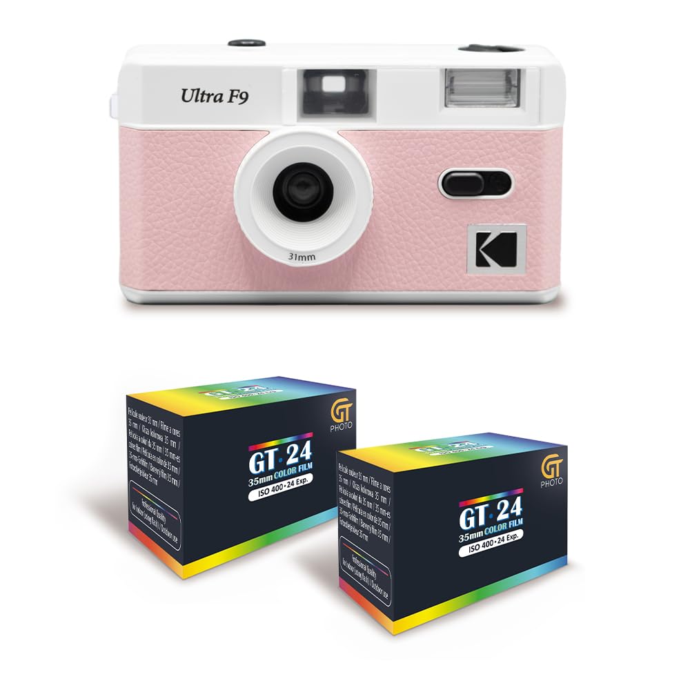 KODAK Ultra F9 - Appareil Photo Argentique Réutilisable 35mm, Objectif Fixe 31mm F/9, Flash Intégré, Chargement Facile, Rembobinage Manuel - Rose + 2 Pellicules Couleur 24 Expositions