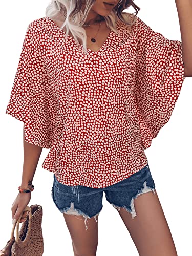 Sweatyrocks Women's Boho Polka Dots Batwing Sleeve Shirts V Neck Blouse Top Red White L #TOP2