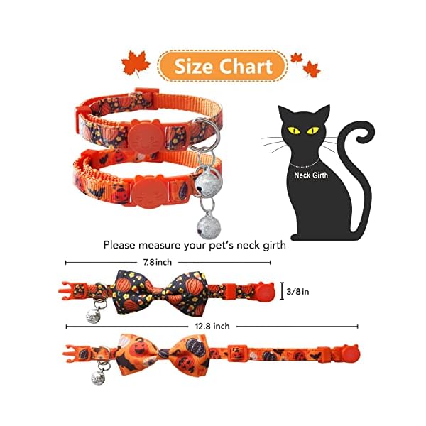 2 pack halloween cat collar with bow tie and bell, holiday pumpkin candy corn collar for kitty kitten girls and boys cats - image 4
