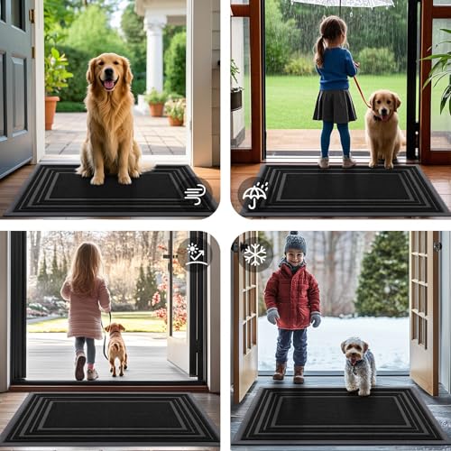 Buganda Front Door Mat Indoor Outdoor Entrance, Non-Slip Natural Rubber Doormats, Easy Clean, Low Profile, Dirt Trapper Entryway Floor Mats for Outside, Garages and Patios, 29.5x17, Black - Thumbnail 7