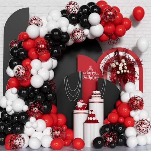 Kit Arco Guirnalda Globos Rojos Negros y Blancos, 148Pcs Kit Arco Globos Rojos Negros y Blancos Con Globos Confeti Para Cumpleaños, Graduación Aniversario Coche Carreras Suministros Tarjetas Póquer