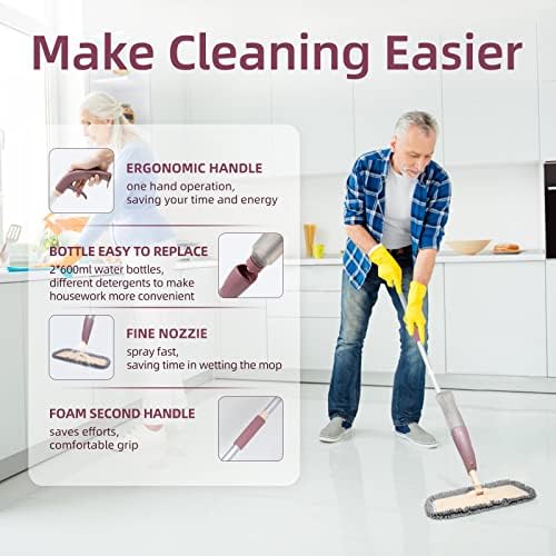 ELOUYCKE Spray Floor Mops for Hard Floors with 2*600Ml Refillable Bottle, 3 Reusable Microfiber Pads, Spray Mops for Floors 360 Degree Spin Mops for Cleaning Suitable for Hardwood, Marble, Tile